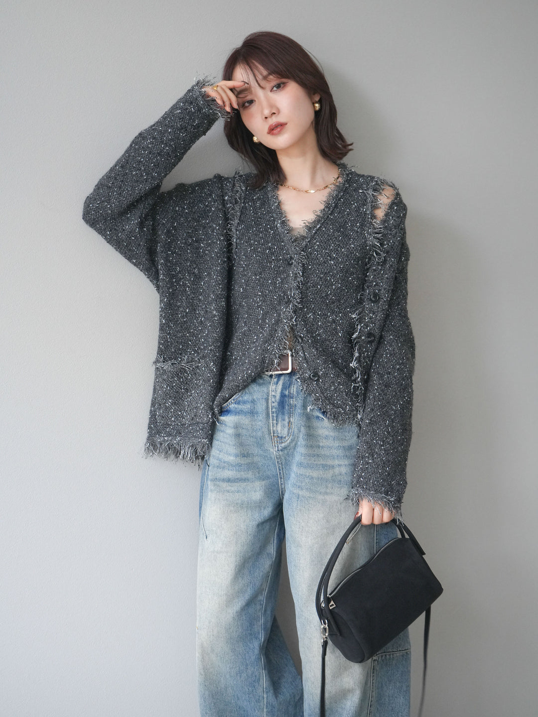 [予約]ネップフリンジニットカーディガン/ gray