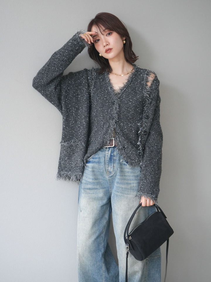 [予約]ネップフリンジニットカーディガン/ gray