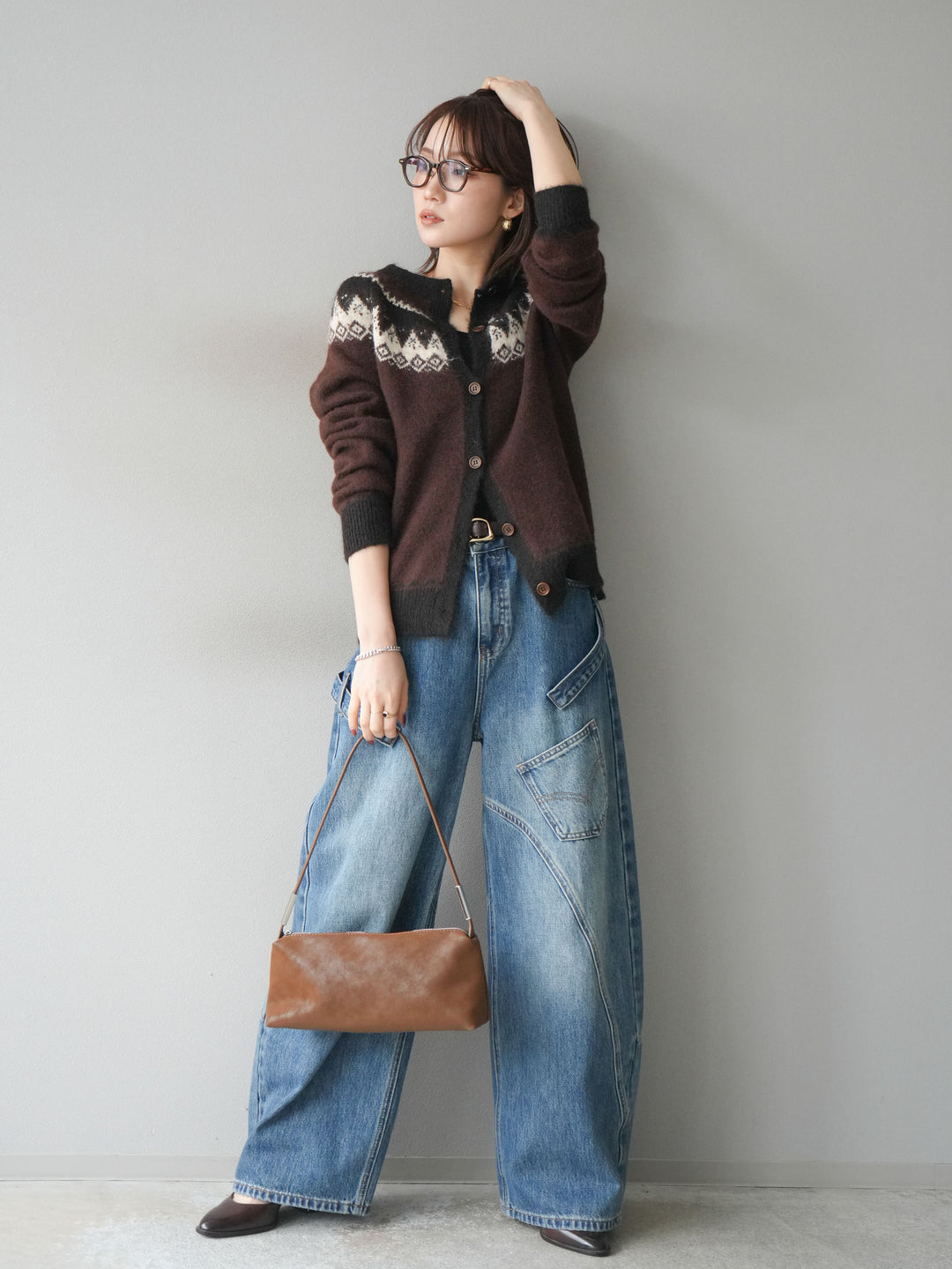 [SET]ノルディック柄ニットカーディガン+ペインターカーブデニムパンツ(2set)