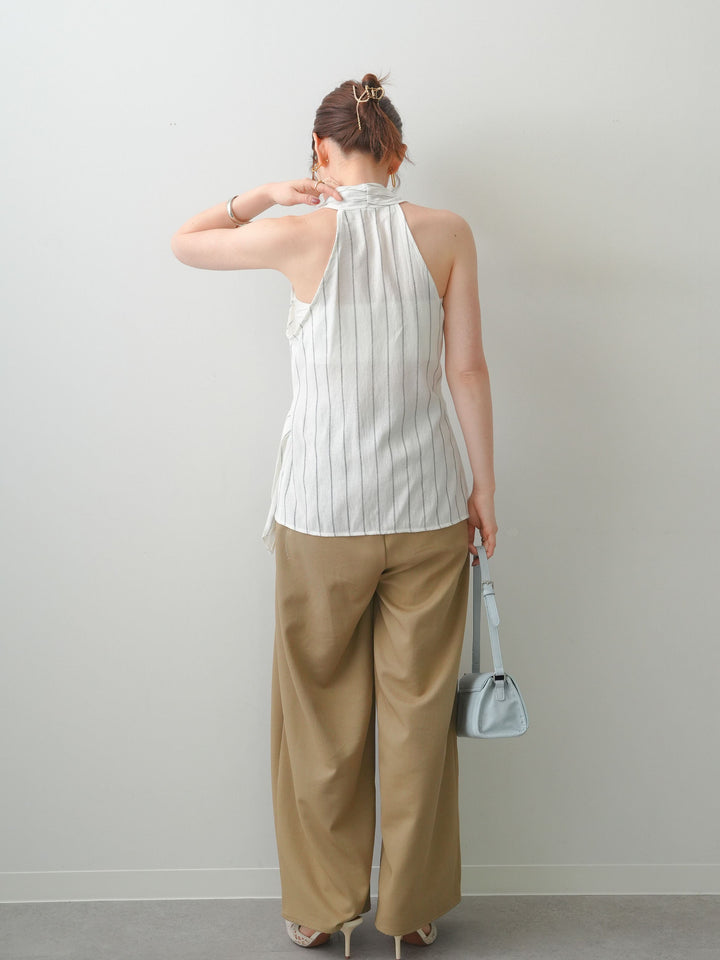 [SET]ストライプカシュクールジレ+クレープデシンタックワイドパンツ(2set)