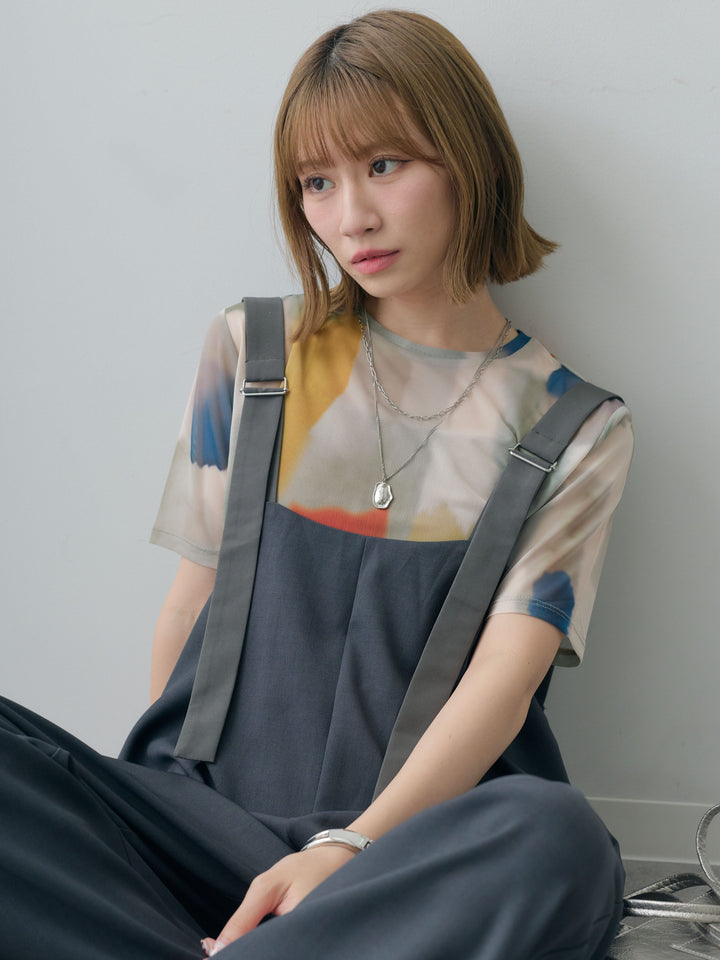 [SET]水彩アートシアーTシャツ+前後2wayドレープワイドオールインワン(2set)