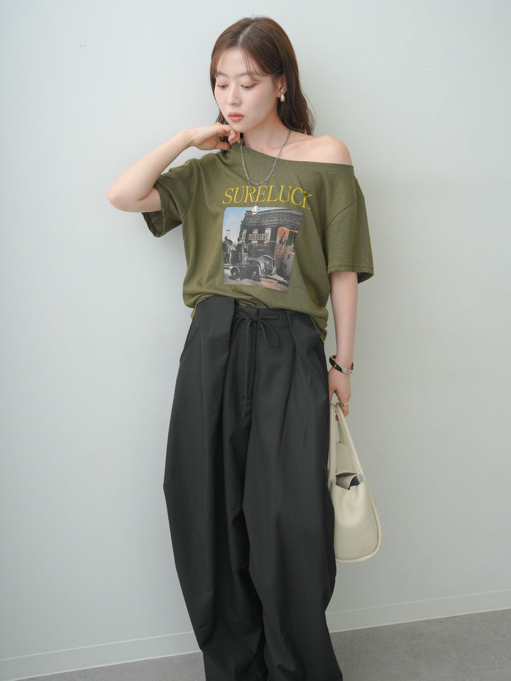 [SET]ワイドネックプリントTEE+ベルトループカーブタックワイドパンツ(2set)