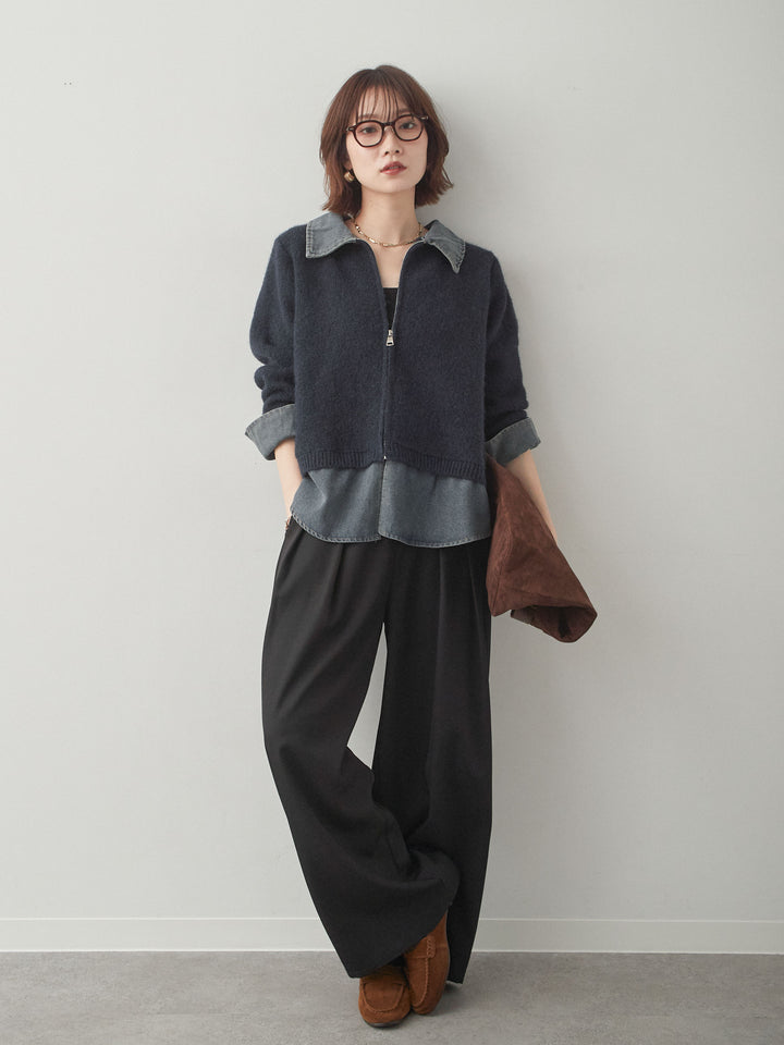 [SET]デニムレイヤードデザインジップニットカーディガン+ツイルタックワイドパンツ(2set)