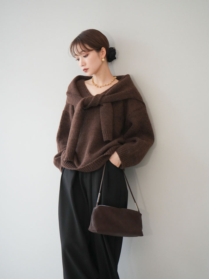 [予約]ストール付きVネックニットプルオーバー/brown