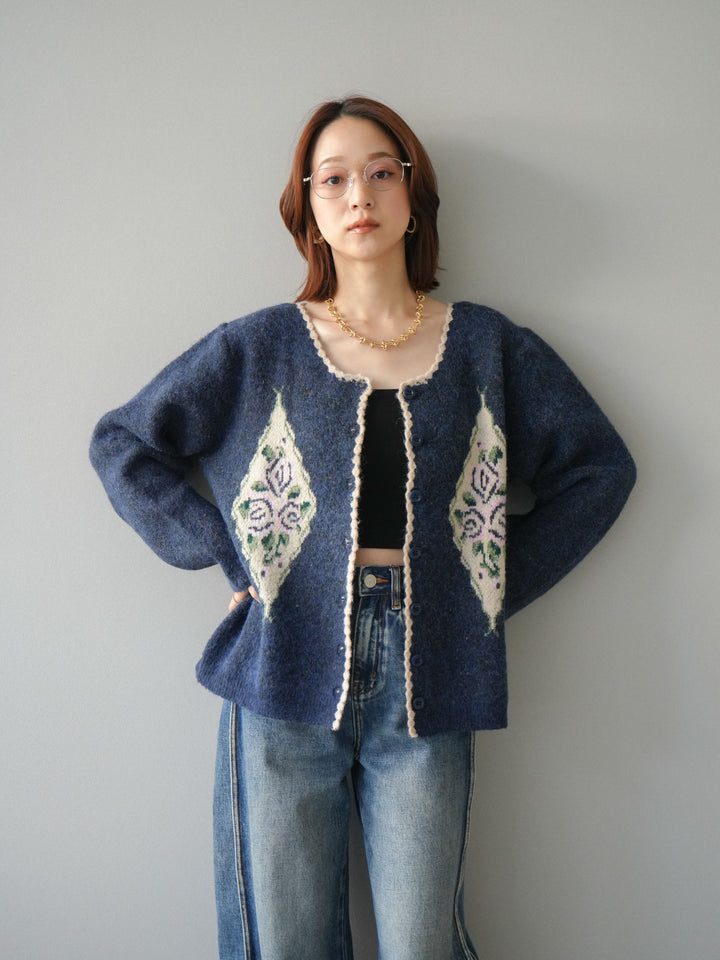 [予約]アンティークフラワージャガードニットカーディガン/navy