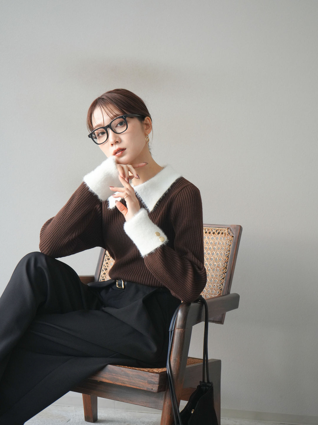 [SET]シャギー襟リブニットトップス+ベルトループデザインワイドパンツ(2set)