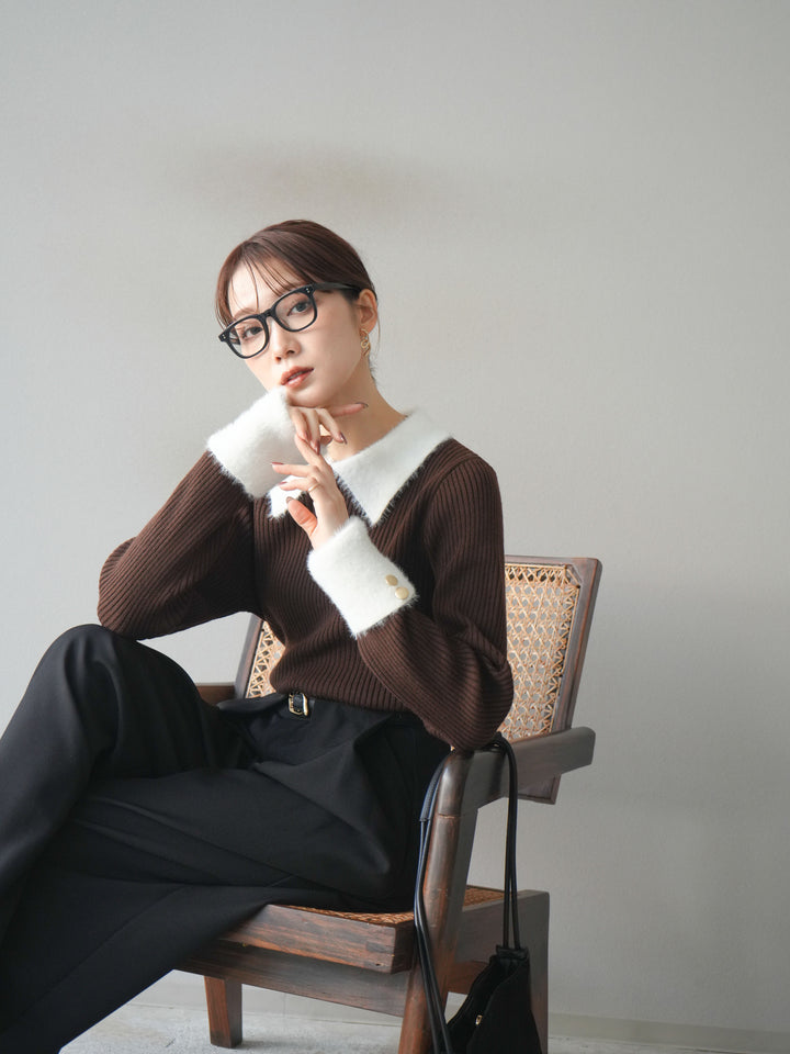 [SET]シャギー襟リブニットトップス+ベルトループデザインワイドパンツ(2set)