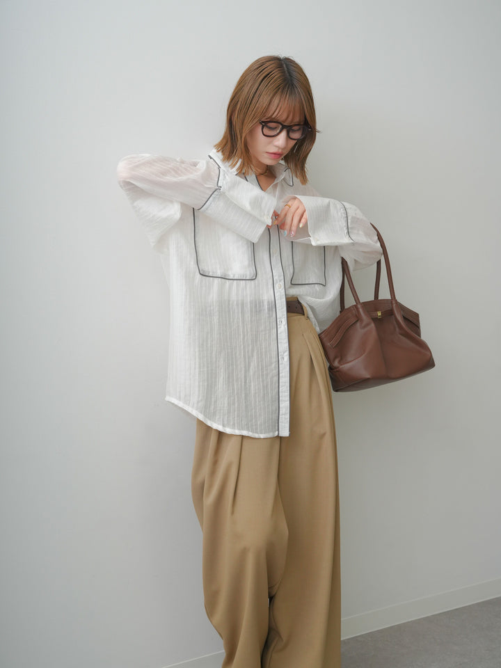 [SET]バイカラートリムオーバーストライプシャツ+クレープデシンタックワイドパンツ(2set)