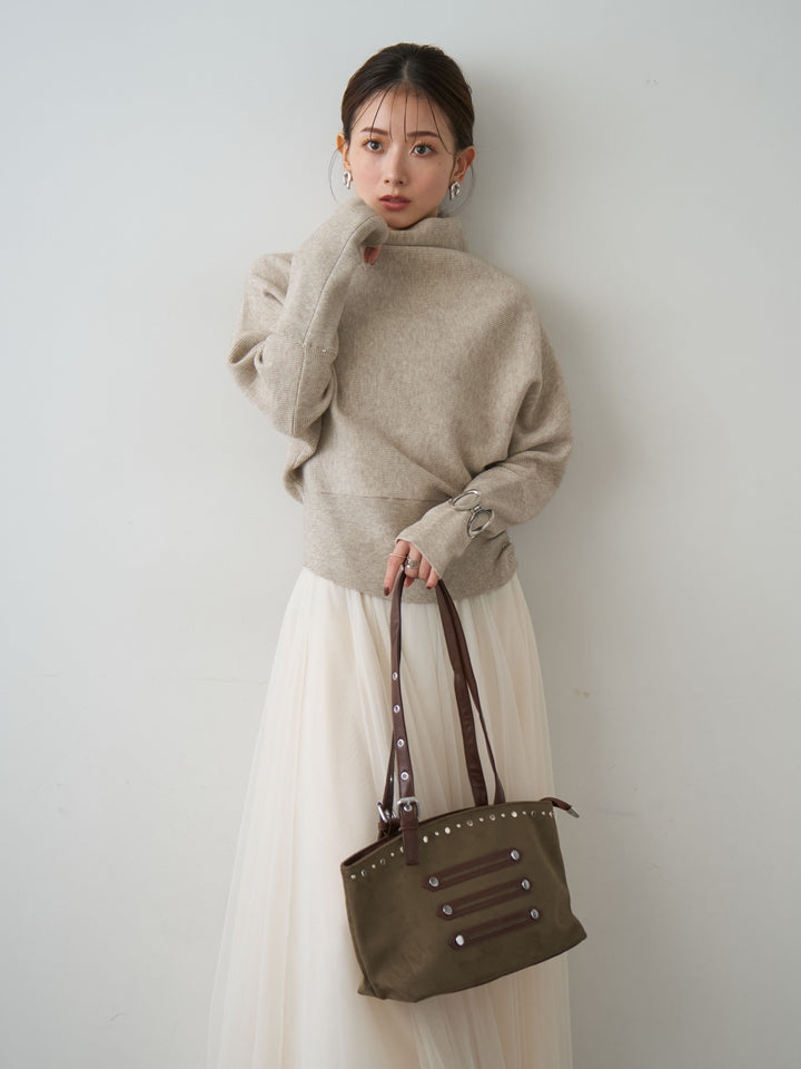 [予約]ハイネックサイドボタンギャザーニットトップス/beige