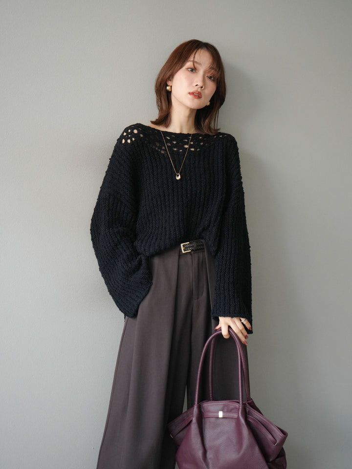 [予約]ボートネック透かし編みニットプルオーバー/navy