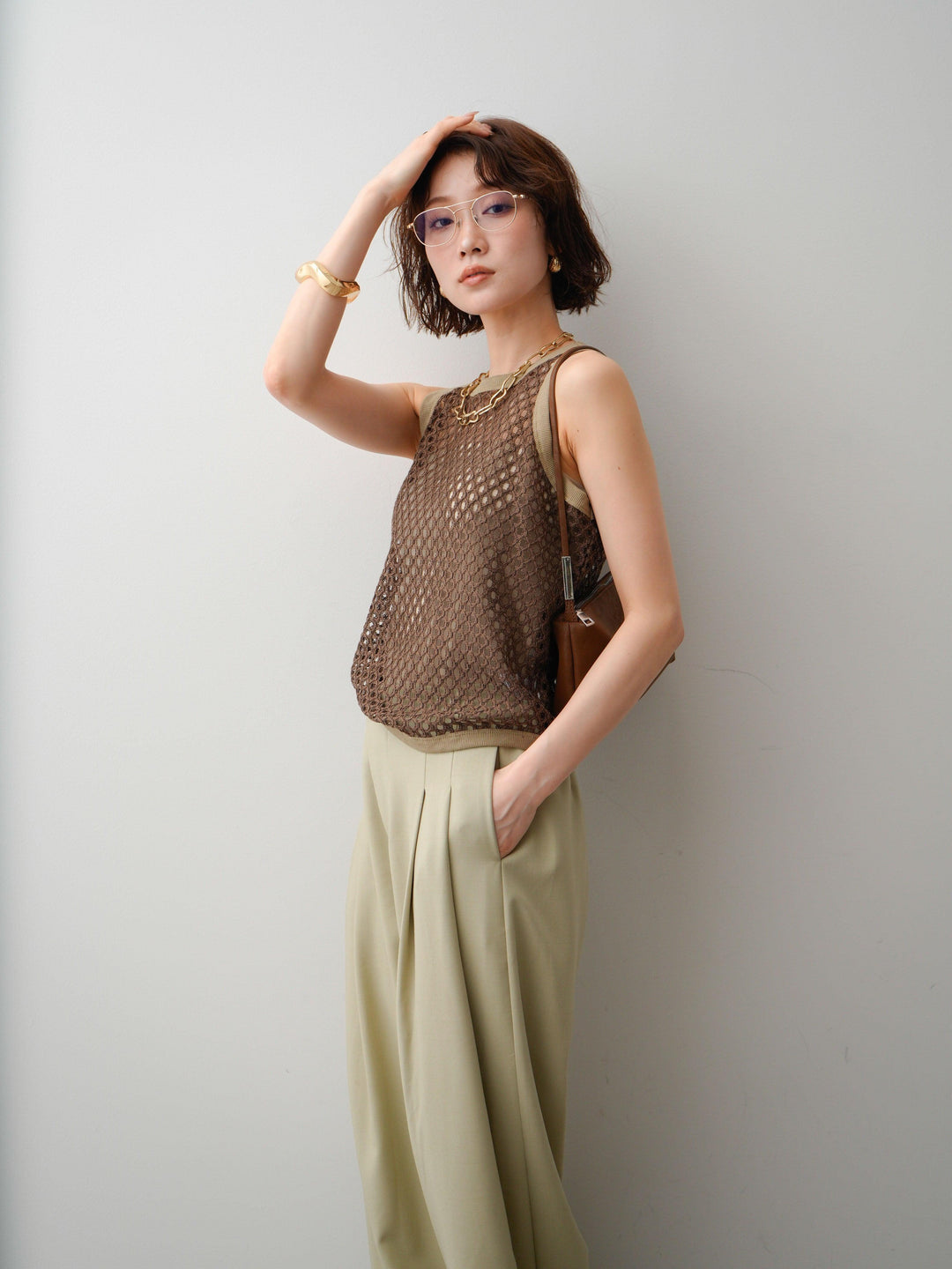 [予約]リブトリムメッシュアメスリトップス/brown