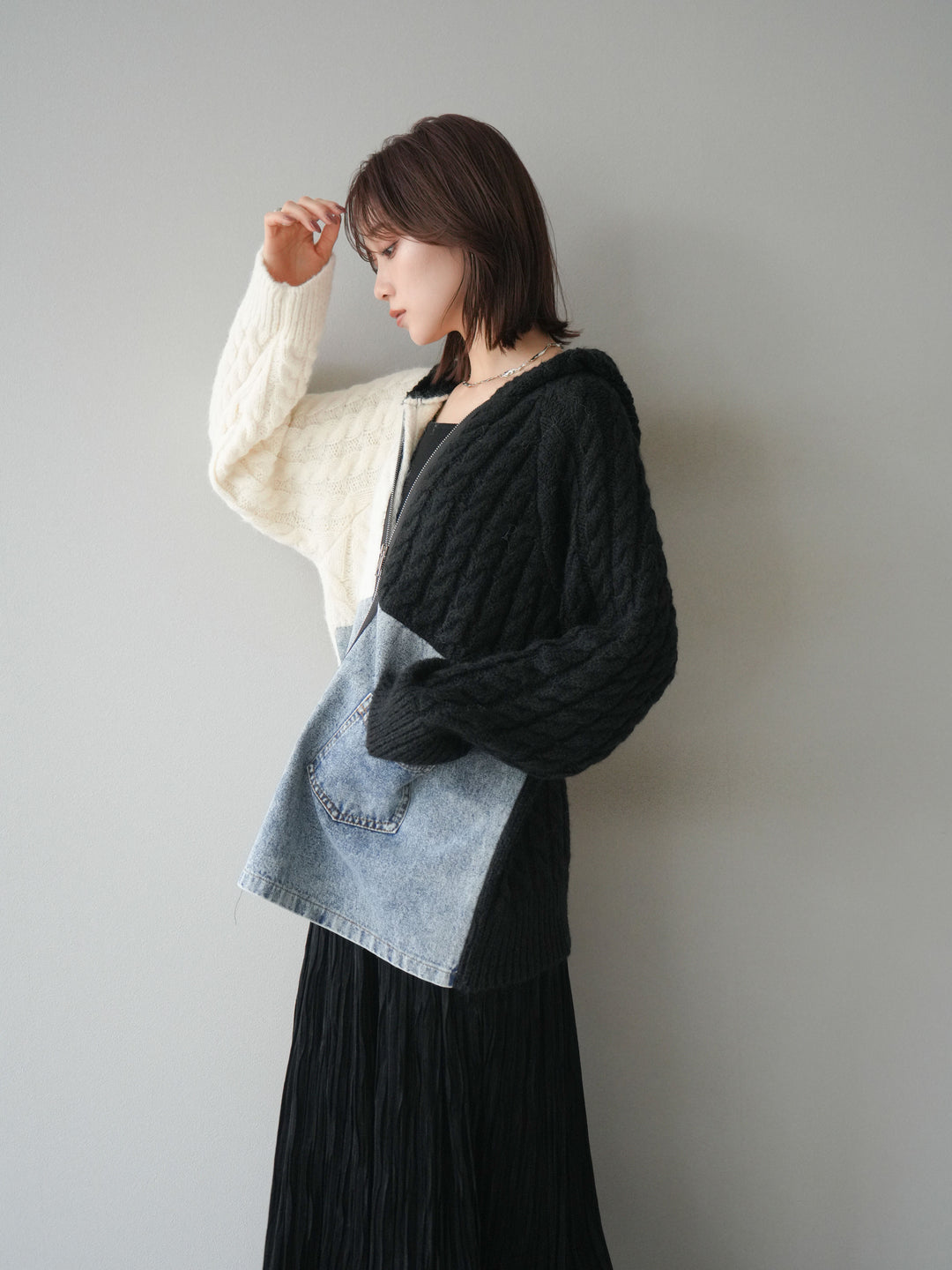 [予約]デニム×バイカラーニットZIPフーディ/black