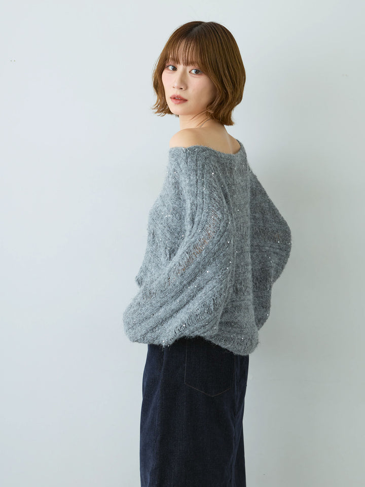 [SET]ミックス透かし編ワイドネックニットトップス+ベロアデニムIラインスカート(2set)