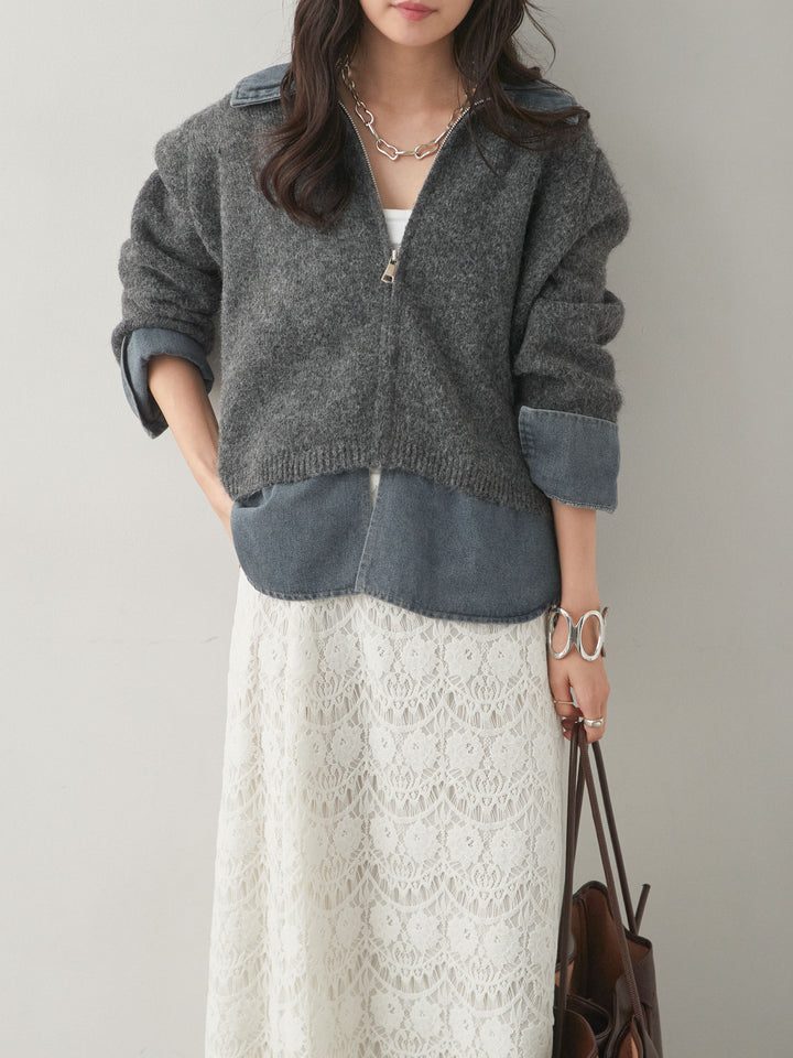 [SET]デニムレイヤードデザインジップニットカーディガン+ベロアレースIラインスカート(2set)