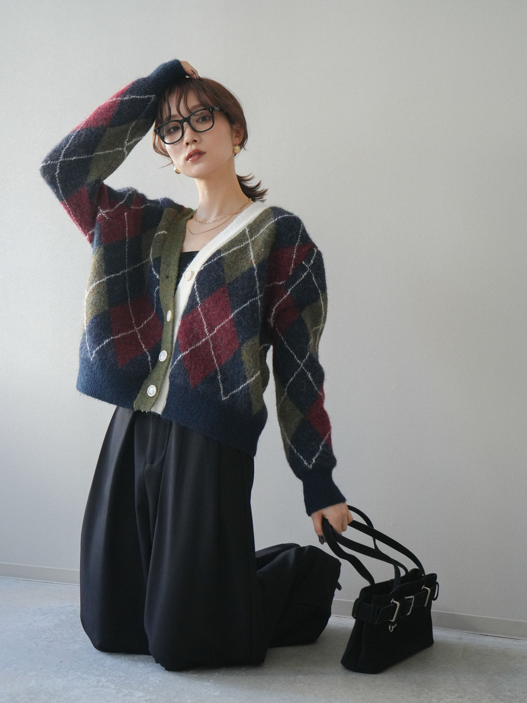 [予約]配色アーガイル柄ニットカーディガン/green