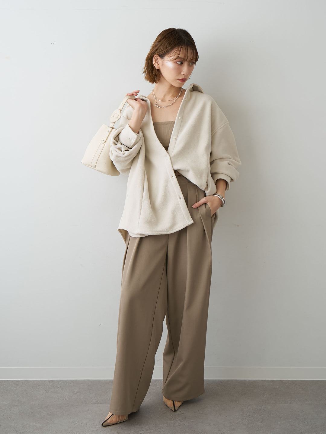 [SET]フリースパイピングシャツ+ツイルタックワイドパンツ(2set)