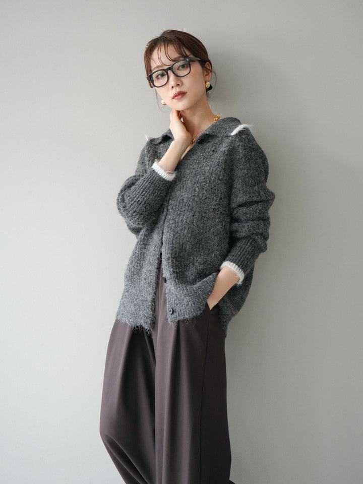 [予約]襟付きバイカラーミックスニットカーディガン/gray
