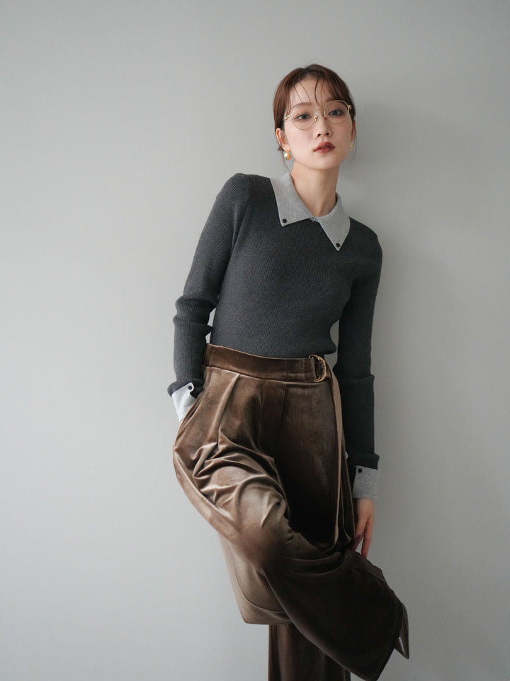 [予約]ニットカフス襟付き配色リブニットトップス/charcoal