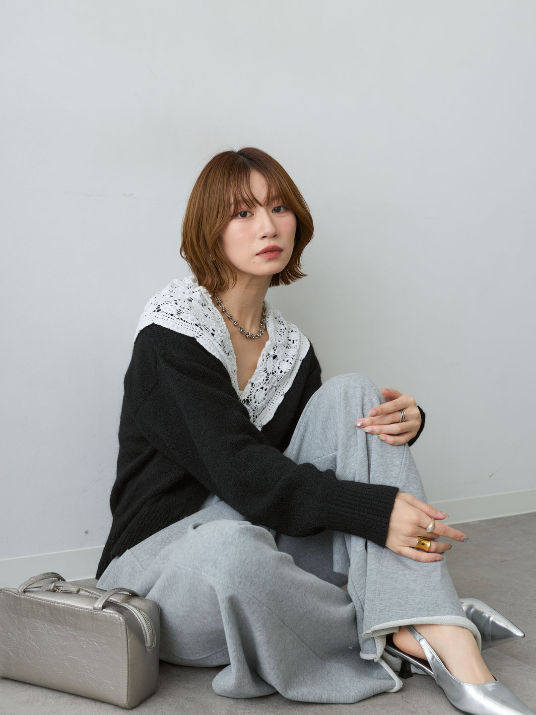 [SET]モヘアレースショールカラーカーディガン+カットオフスウェットワイドパンツ(2set)
