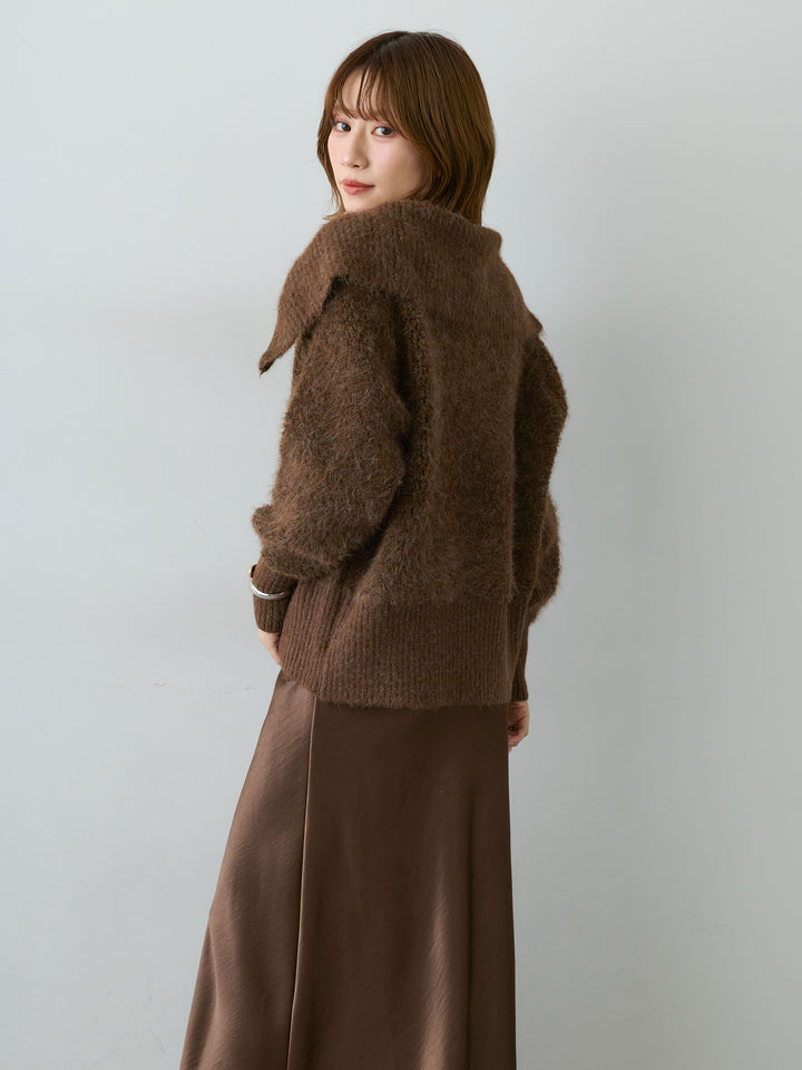 [予約]ビッグカラーシャギーニットブルゾン/brown