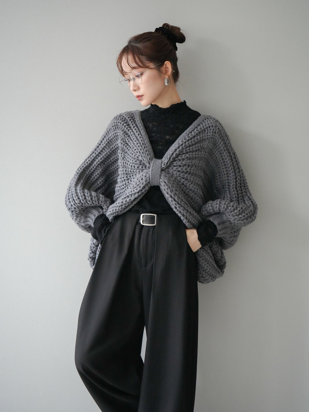 [SET]ローゲージ畦編みドルマンニットボレロ+起毛レースプチネックトップス+ベルトループデザインワイドパンツM(3set)