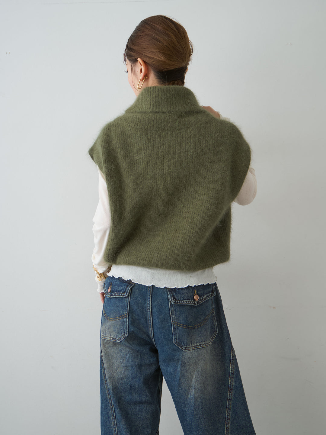 [SET]シャギータートルニットベスト+メロートリムシアートップス+ヘムデザインワイドデニムパンツ(3set)