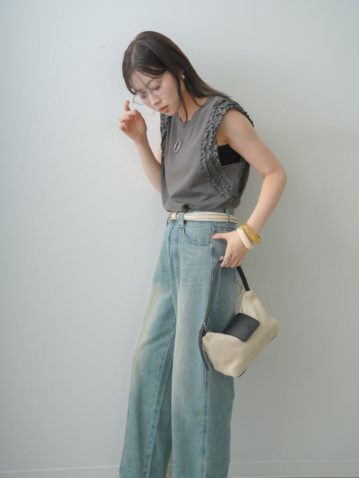 [SET]ホイップフリルフレンチTEE+センターラインワイドストレートデニム(2set)