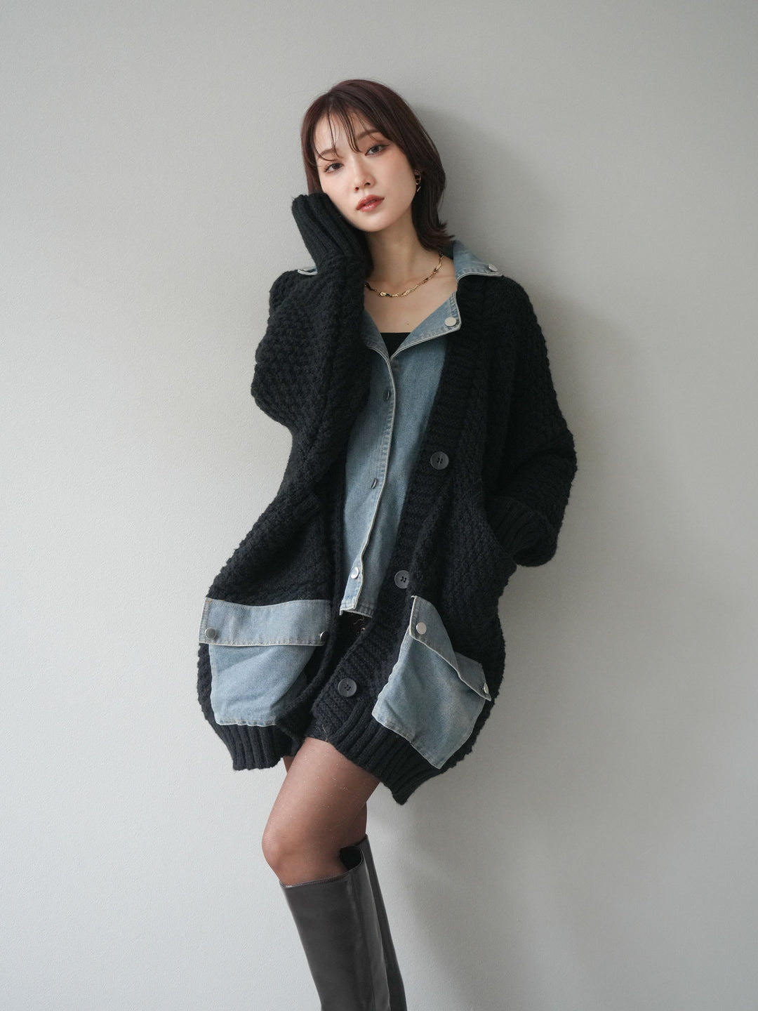 [予約]デニム襟レイヤードニットジャケット/black