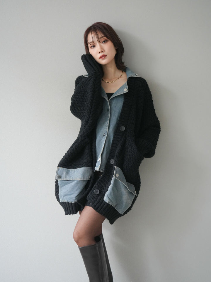 [予約]デニム襟レイヤードニットジャケット/black