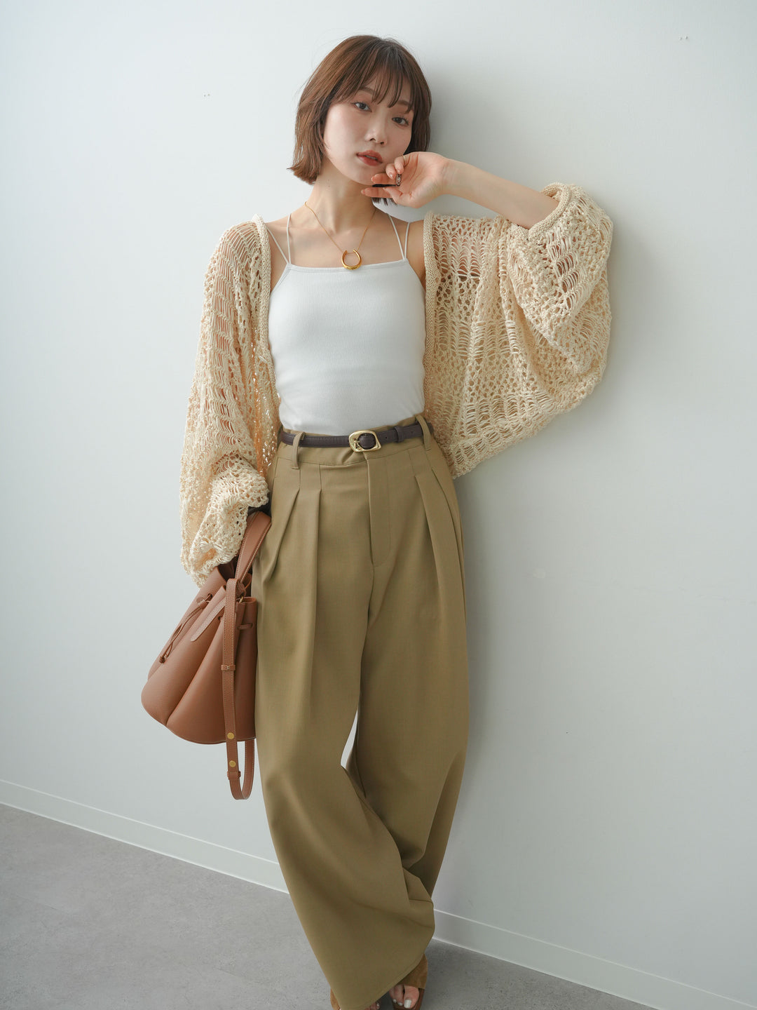 [SET]ミックスメッシュニットボレロ+クレープデシンタックワイドパンツ(2set)