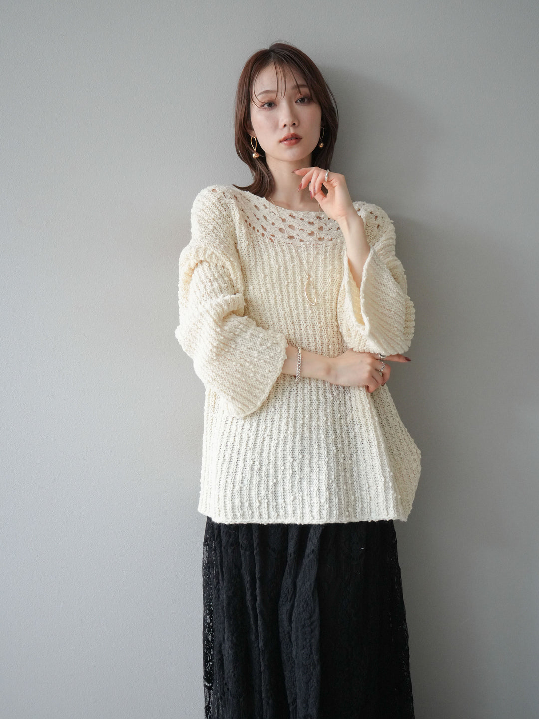 [予約]ボートネック透かし編みニットプルオーバー/white