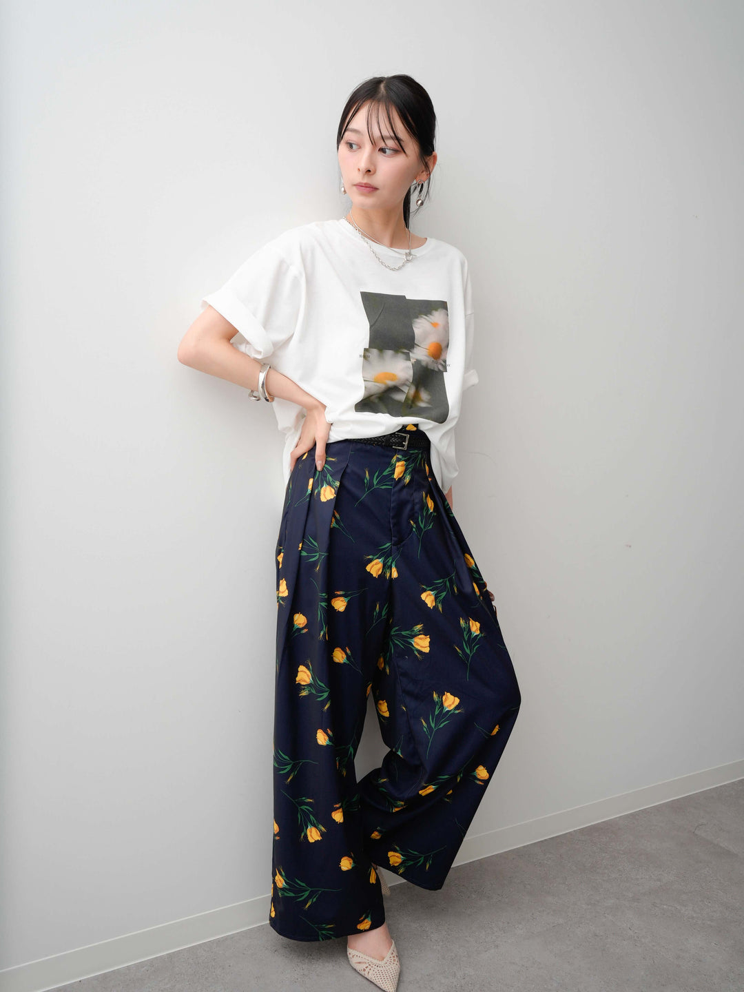 【着回しセット】フラワーフォトTEE+フラワープリントドレープタックパンツ+フラワープリントIラインギャザースカート(3set)