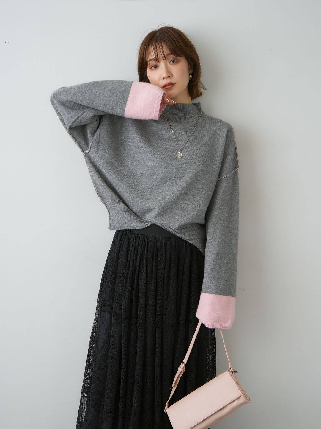 [SET]バイカラートリムワイドハイネックニットトップス+バイカラートリムワイドハイネックニットトップス(2set)