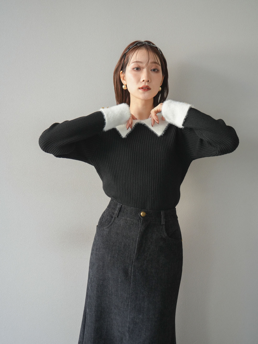 [SET]シャギー襟リブニットトップス+ベルベットマーメイドスカート(2set)