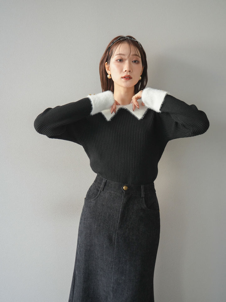 [SET]シャギー襟リブニットトップス+ベルベットマーメイドスカート(2set)
