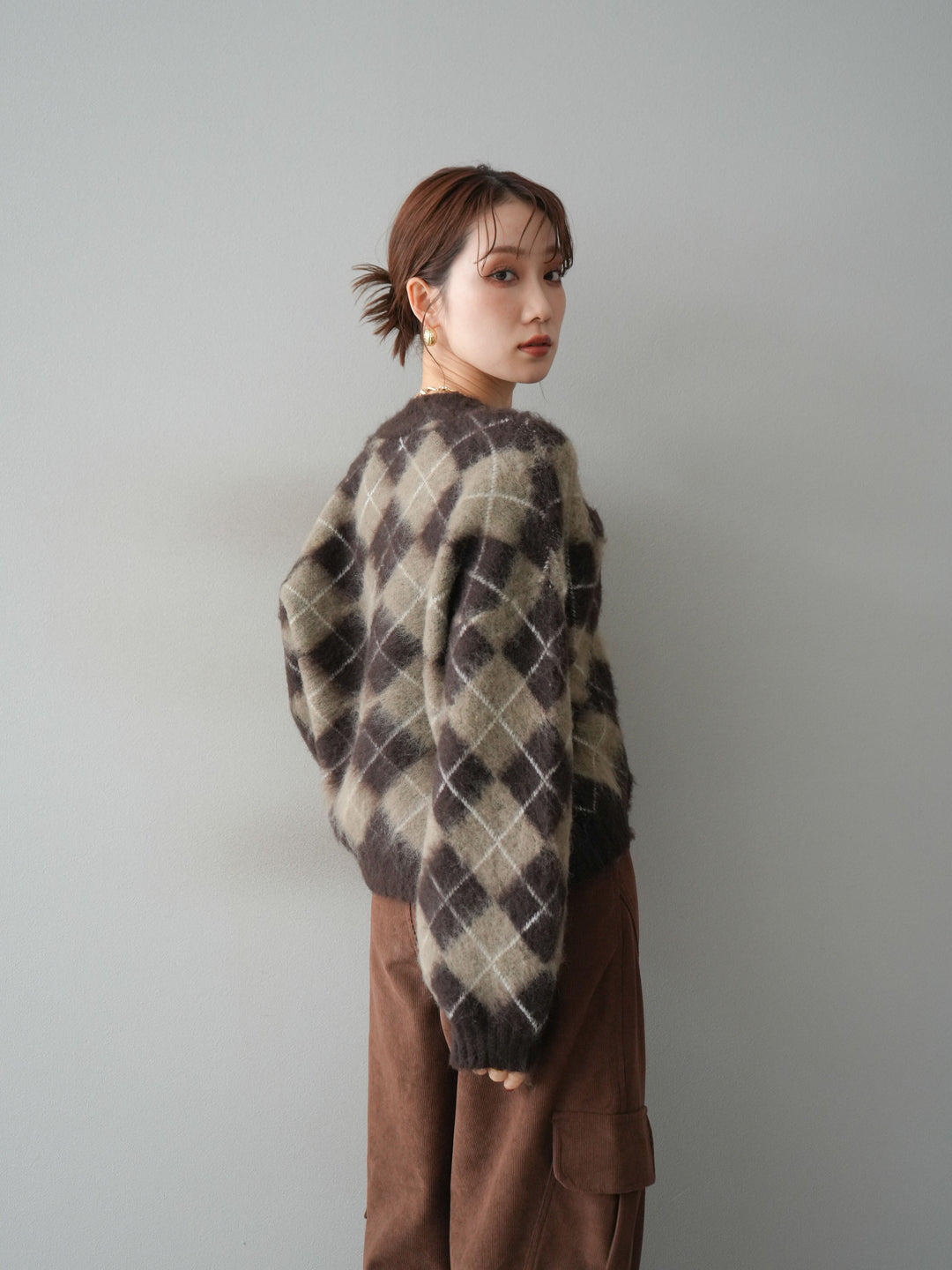 [予約]アーガイルシャギーニットカーディガン/brown