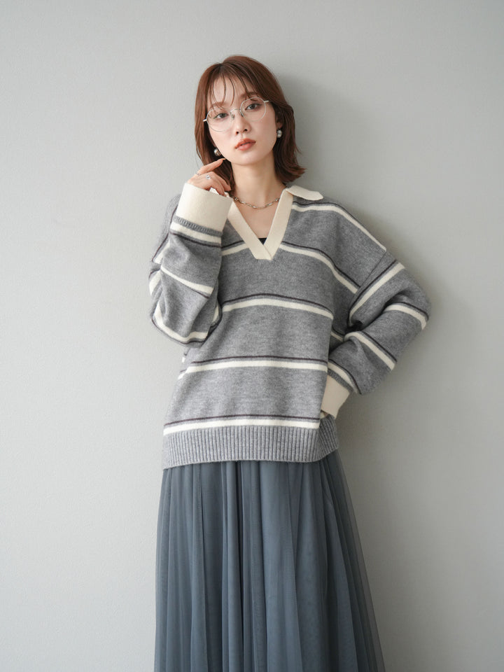 [SET]ポロ襟スキッパーボーダーニットプルオーバー+チュールボリュームスカート(2set)