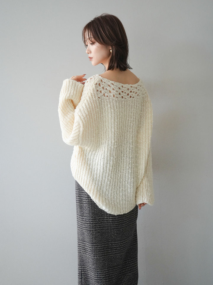 [予約]ボートネック透かし編みニットプルオーバー/white