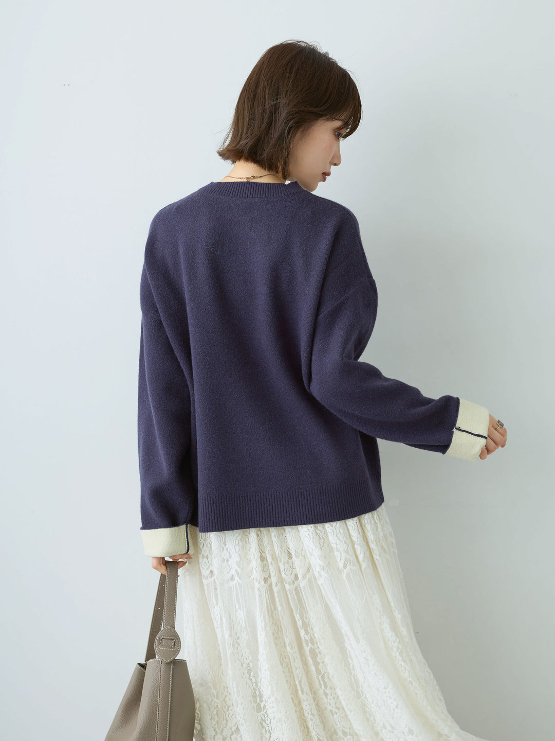 [予約]アルパカタッチバイカラーニットトップス/navy