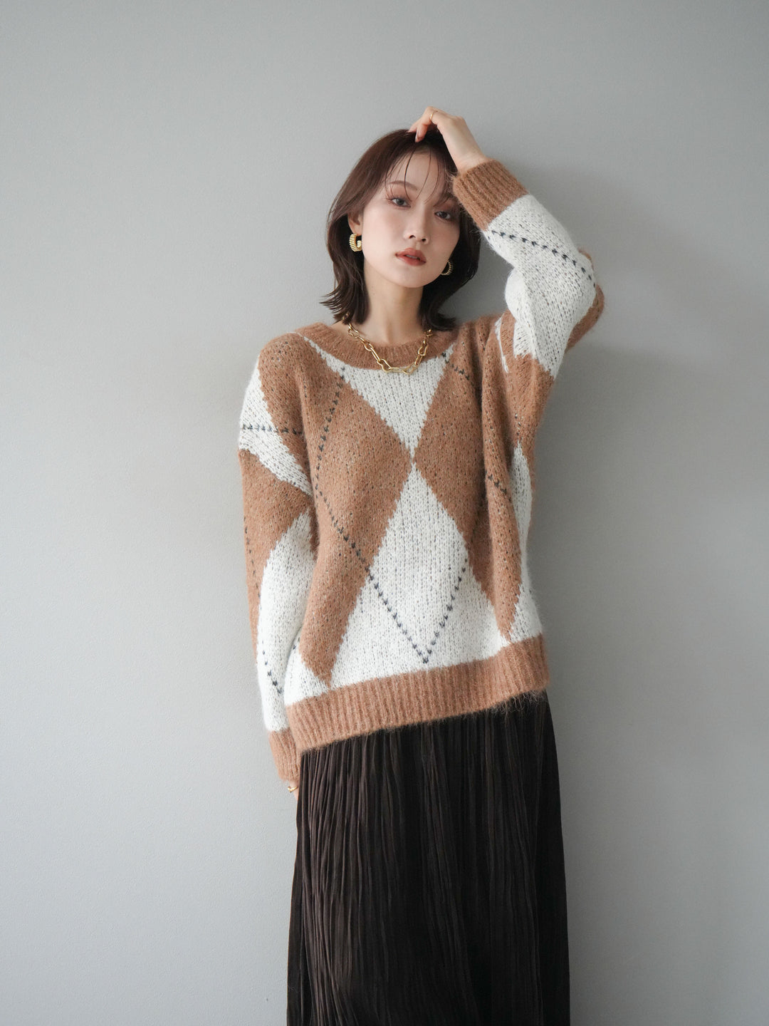 [SET]アーガイルオーバーニットプルオーバー+スエードワッシャープリーツスカート(2set)