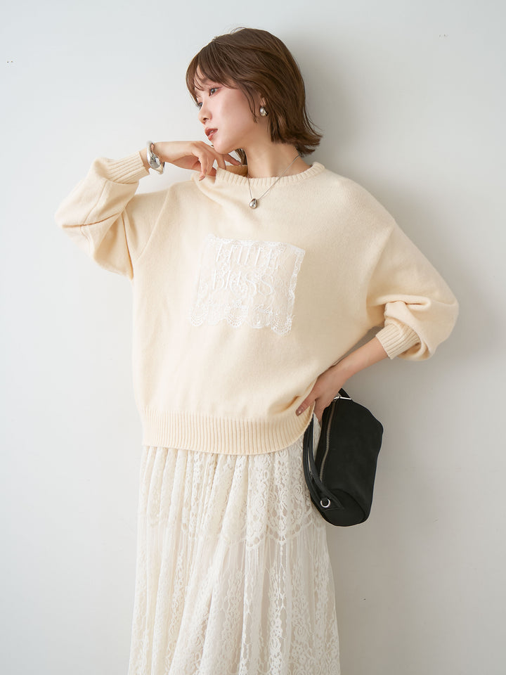 [SET]アルパカタッチ刺繍レースロゴニットプルオーバー+ベロアレースドレープフレアスカート(2set)