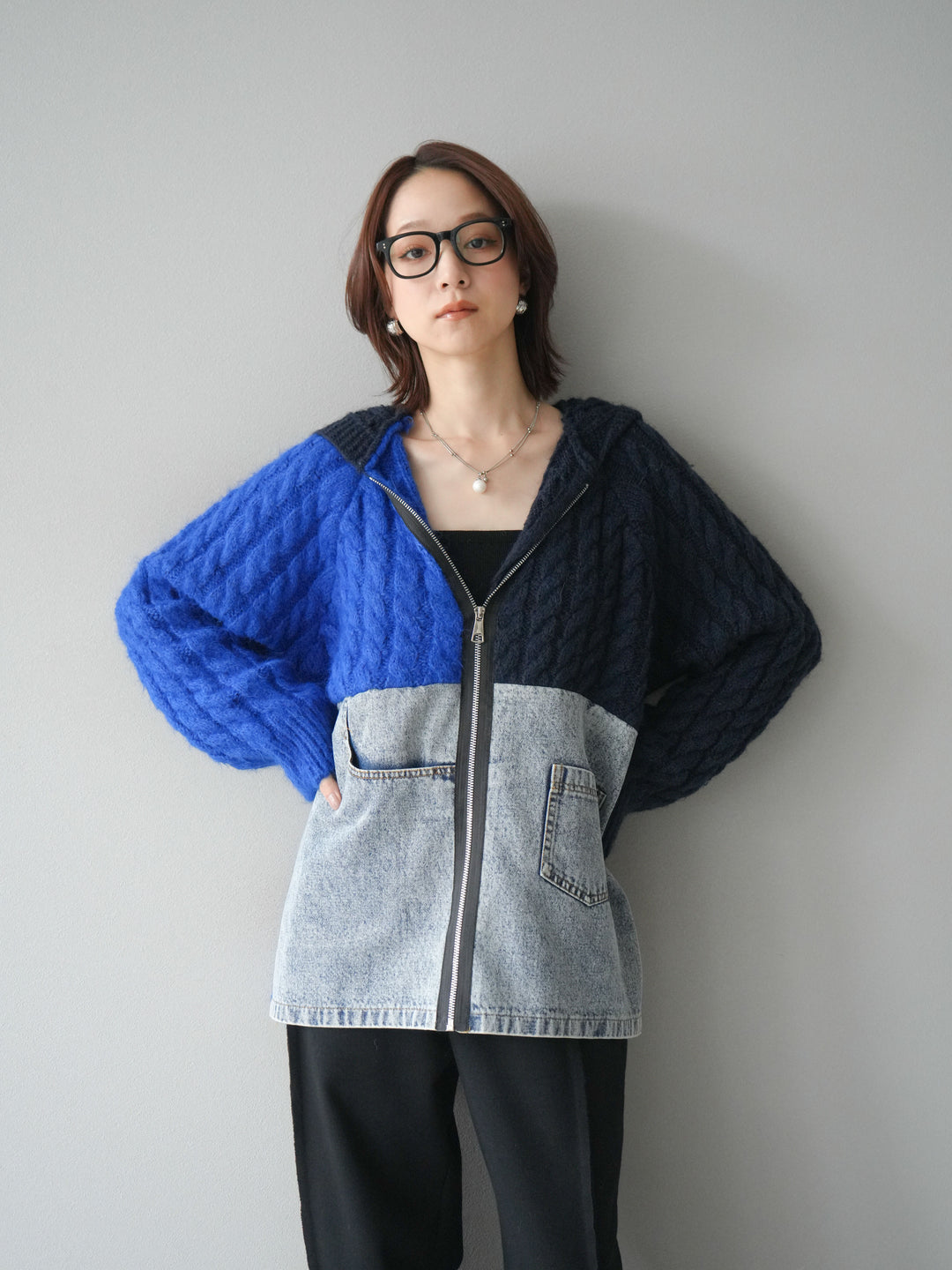 [予約]デニム×バイカラーニットZIPフーディ/blue