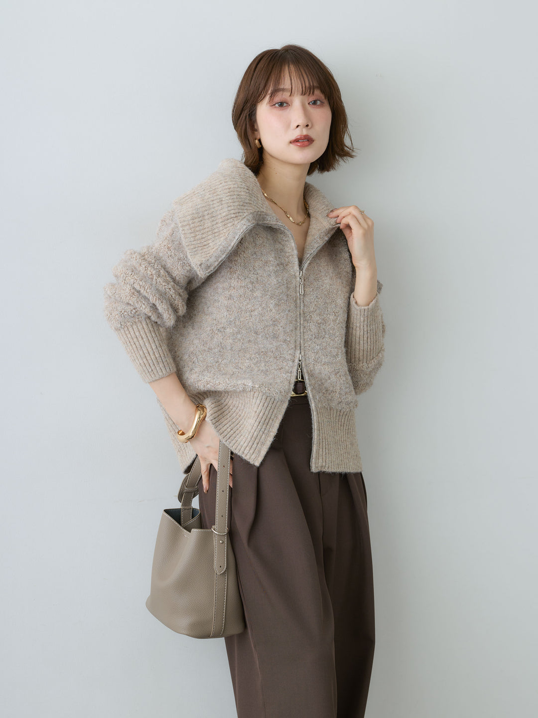 [SET]ビッグカラーシャギーニットブルゾン+ツイルタックワイドパンツ(2set)