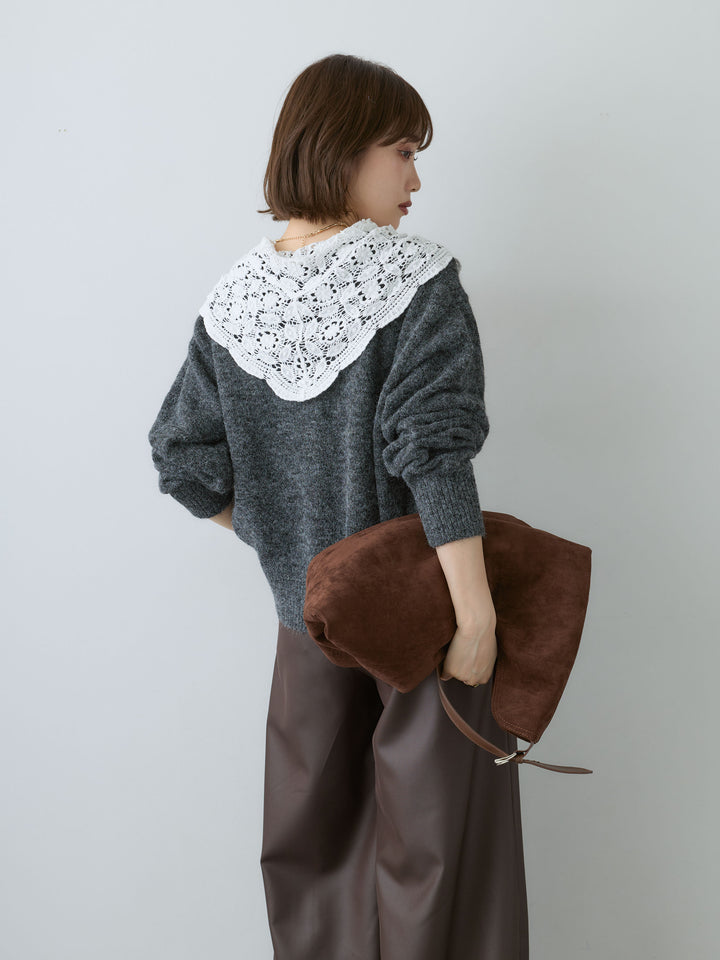 [SET]モヘアレースショールカラーカーディガン+サテンタックワイドパンツ(2set)