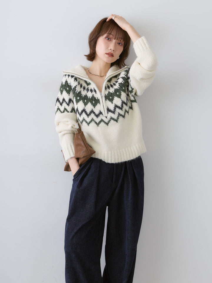 [SET]ノルディックハーフジップニットトップス+ベロアデニムタックワイドパンツ(2set)