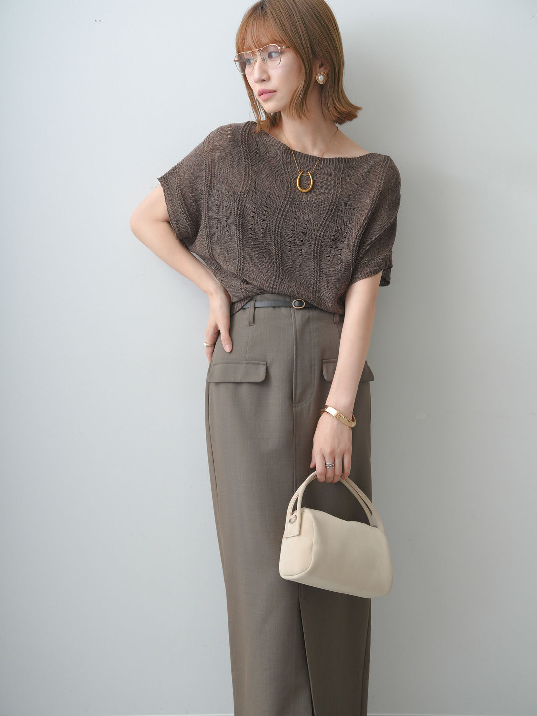 [SET]アイレットサマーニットトップス+クレープデシンフラップ付きストレートスカート(2set)