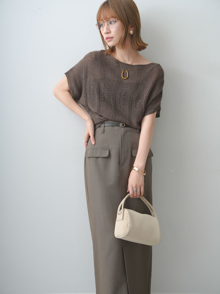 [SET]アイレットサマーニットトップス+クレープデシンフラップ付きストレートスカート(2set)