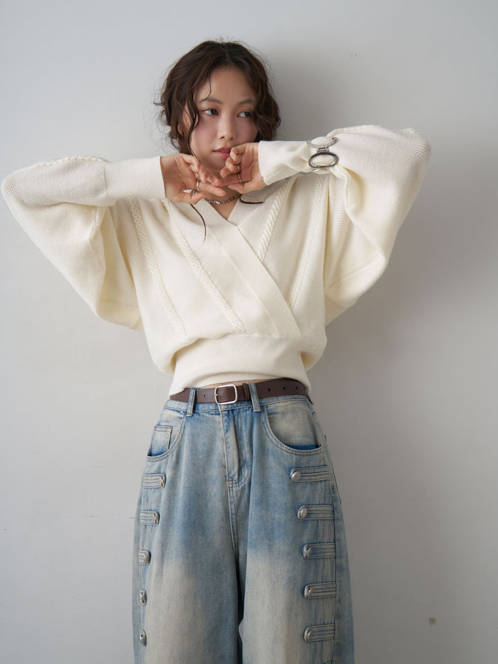 [予約]カシュクールミックスケーブルニットトップス/white