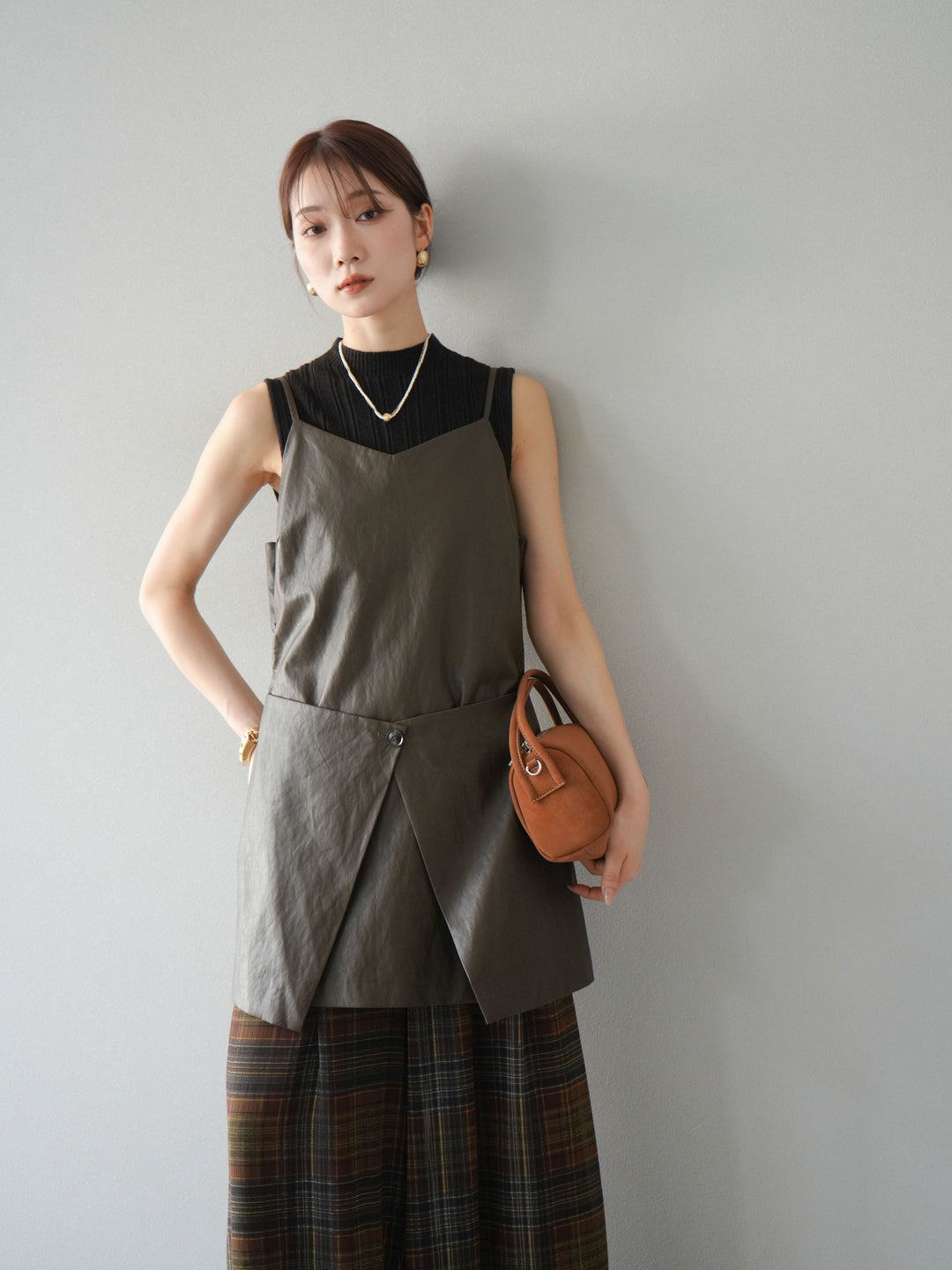 [予約]レイヤードレザーキャミソールチュニック/ブラウン