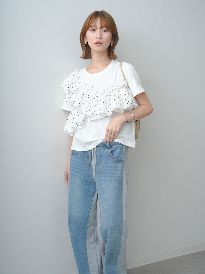 [SET]ドットギャザーフリルデザインTEE+デニム切替スウェットパンツ(2set)